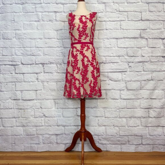 Phase EIght Adele Hot Pink Embroidered Mesh Knee-Length Dress - Picture 1 of 6